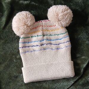 NWOT Adult Beige Beaded Pom-Pom Beanie